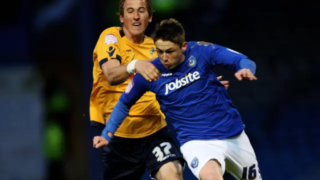 Harry Kane of Millwall and Portsmouth's Scott Allan battle for the ball in 2012