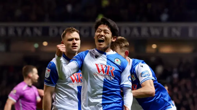 Yuki Ohashi clenches his fist in celebration after scoring Blackburn's winner against Preston North End