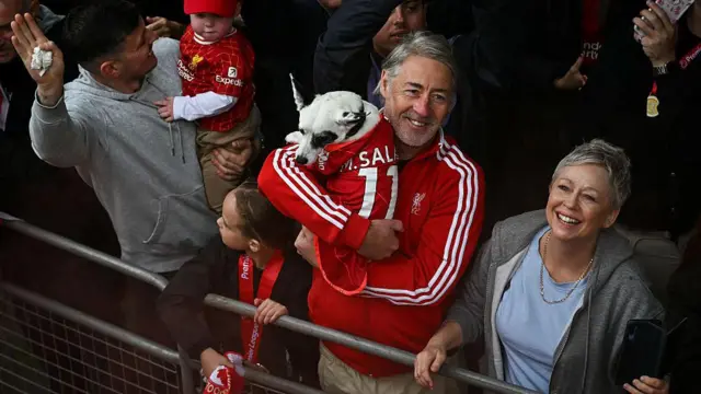 A dog wearing a Liverpool kit at the trophy parade