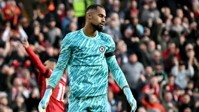 Robert Sanchez reacts after conceding the first goal against Liverpool