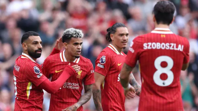 Luis Diaz, Mohamed Salah, Darwin Nunez and Dominik Szoboszlai celebrate after the Colombian's goal against Bournemouth in the Premier League