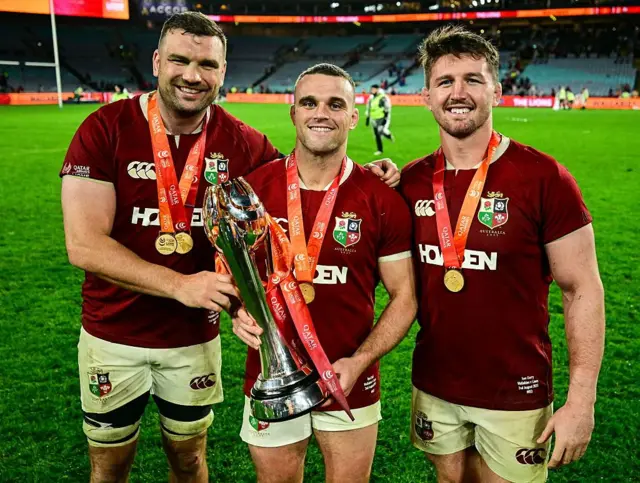 Player of the series Tadhg Beirne with Ben Earl and Tom Curry with the series trophy
