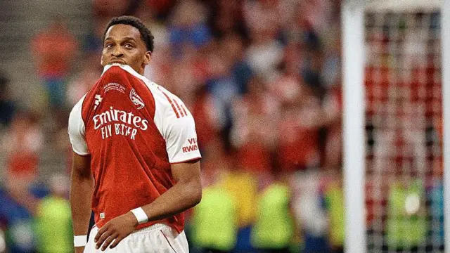 Jurrien Timber looks sad in his Arsenal kit after the Champions League final