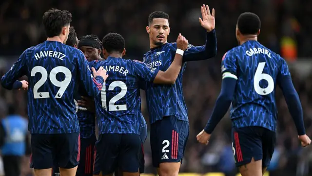 William Saliba of Arsenal celebrates after team-mate Martin Zubimendi scores