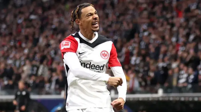 Hugo Ekitike celebrates while playing for Eintracht Frankfurt