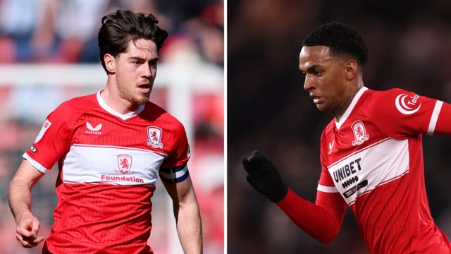 Side-by-side close-ups of Hayden Hackney and Morgan Whittaker playing for Middlesbrough in their home kit