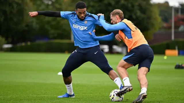 Reece James and Kiernan Dewsbury-Hall of Chelsea during a training session