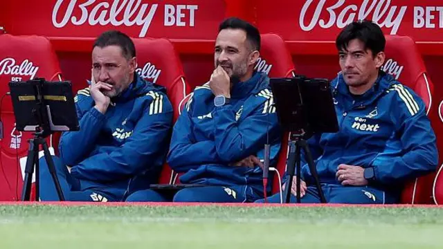 Vitor Pereira, Filipe Almeida and Bruno Moura in the Nottingham Forest dugout