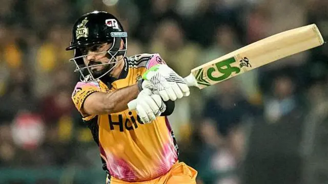 Babar Azam plays a shot while playing for Peshawar Zalmi in the Pakistan Super League