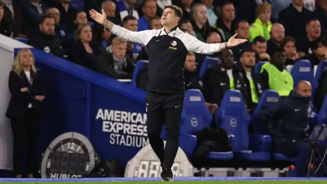 Mauricio Pochettino holds his hands out on the touchline