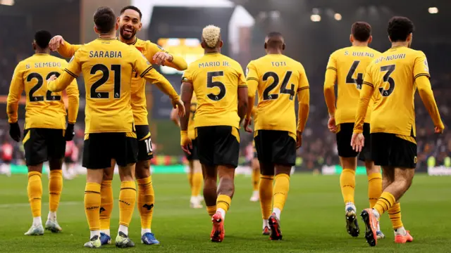 Wolves players celebrate a goal against Southampton