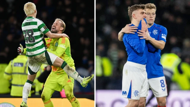 Celtic celebrate; Rangers look dejected