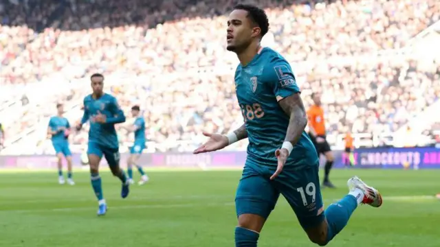 Justin Kluivert celebrates scoring for Bournemouth against Newcastle at St James' Park