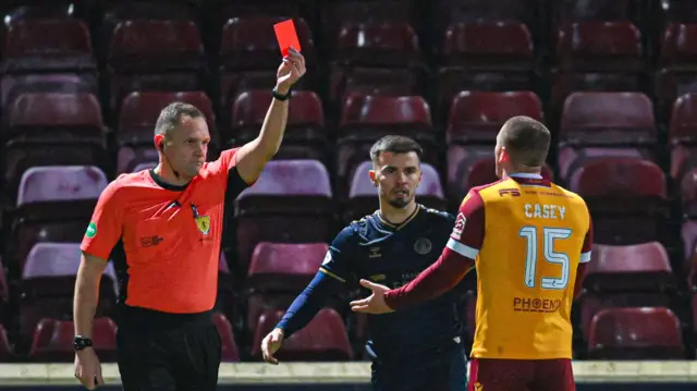 Chris Graham shows a red card to Motherwell defender Dan Casey