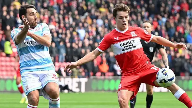 Sverre Nypan of Middlesbrough controls the ball under pressure from Matthew James of Wrexham last season
