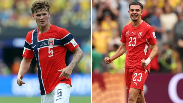 A side by side image of Norway's David Moller Wolfe in a red Norway shirt with a navy blue cross on it and Zeki Amdouni of Switzerland in an all red playing strip