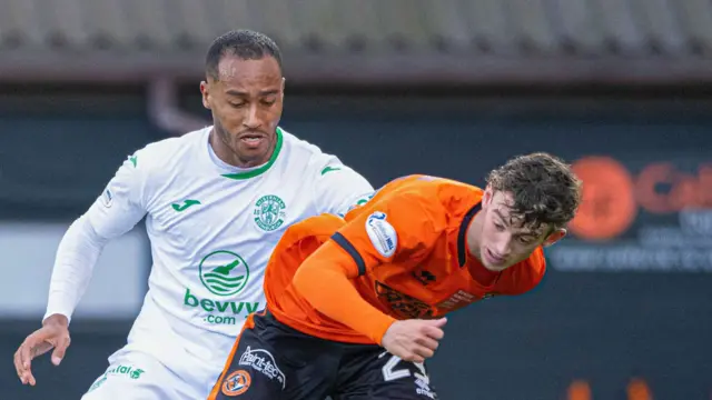 Hibs' Jordan Obita and Dundee United's Miller Thomson