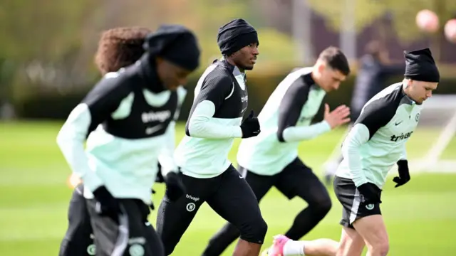 Noni Madueke of Chelsea during a recovery training session at Chelsea Training Ground on April 29, 2024