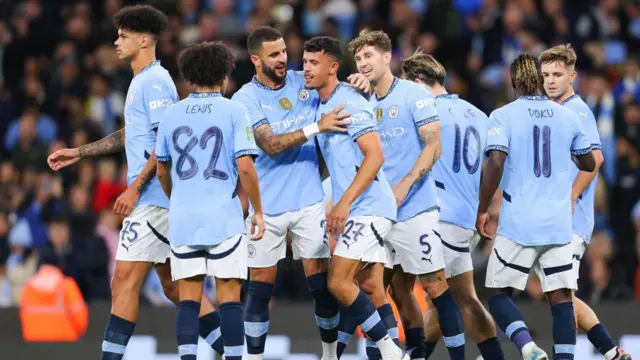 Matheus Nunes of Manchester City celebrates after scoring his side's second goal during the Carabao Cup Third Round match between Manchester City and Watford at Etihad Stadium