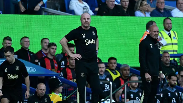 Everton's English manager Sean Dyche reacts during the English Premier League football match between Everton and Bournemouth at Goodison Park in Liverpool, north west England on August 31, 2024