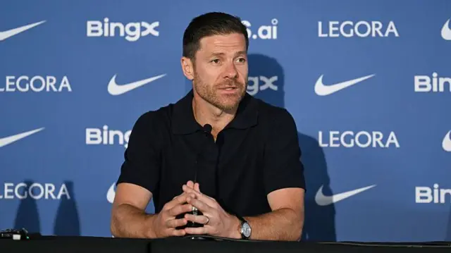 Xabi Alonso during his first Chelsea news conference at Stamford Bridge

