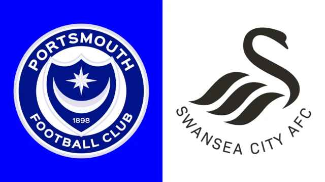 The Portsmouth and Swansea City club badges side by side. Portsmouth's is on a blue background with a star and a horizontal half moon inside a shield which is inside a circle with the words Portsmouth football club written inside it. Swansea have the outline of a swan drawn in black with Swansea City AFC written under it on a white background