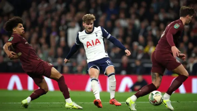 Timo Werner shoots for Tottenham