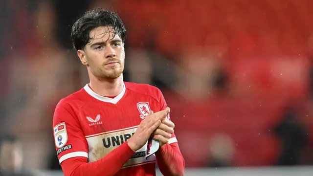 Hayden Hackney of Middlesbrough applauds the fans