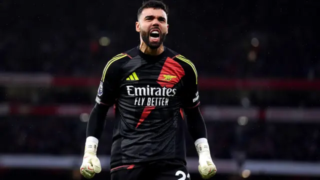 David Raya celebrates while playing in goal for Arsenal