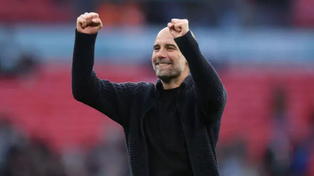 Pep Guardiola the head coach / manager of Manchester City celebrates after the Emirates FA Cup Semi Final match between Manchester City and Chelsea at Wembley Stadium