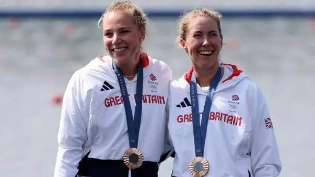 Becky Wilde (left) and Mathilda Hodgkins-Byrne celebrate with their bronze medals