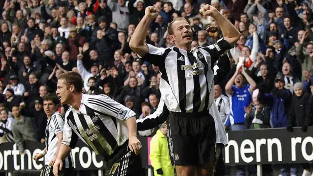 Alan Shearer of Newcastle celebrates scoring his record breaking goal