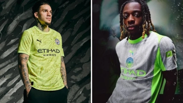 A split graphic of Ederson and Jeremy Doku for Manchester City. 