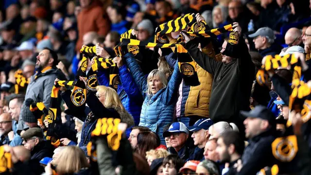 Sheffield Wednesday fans raise black and gold scarves to protest against the club's owner