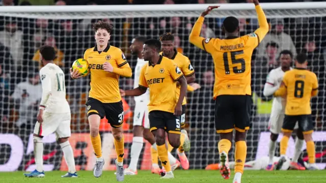 Wolves players celebrate a goal