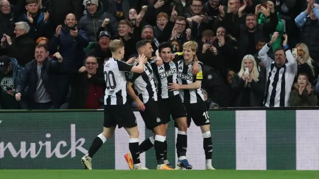 Sandro Tonali of Newcastle United celebrates with his teammates after scoring his and their second goal during the Carabao Cup Quarter Final match between Newcastle United and Brentford.