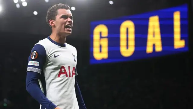 Brennan Johnson celebrates scoring for Tottenham against Quarabag