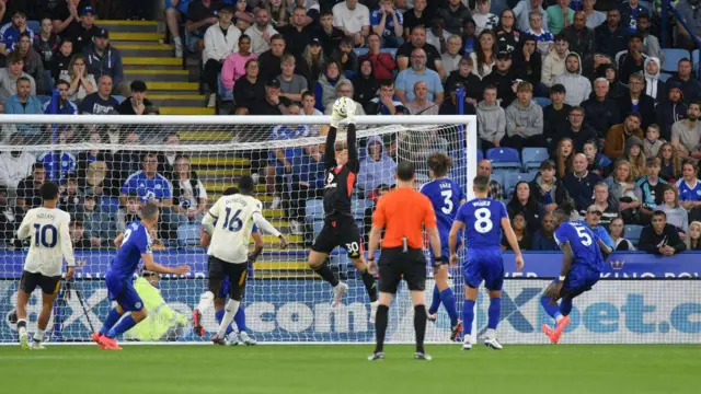 Mads Hermansen of Leicester City claims the ball during the Premier League match between Leicester City and Everton at King Power Stadium