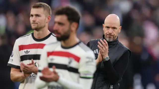 Erik ten Hag Manager applauds the Manchester United fans with Matthijs de Ligt in the foreground