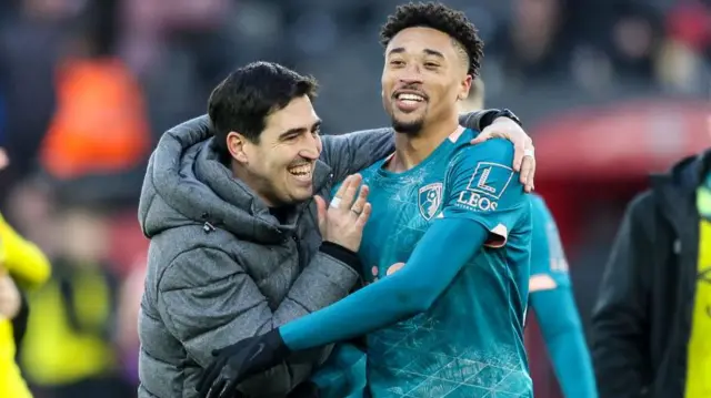 Andoni Iraola and Daniel Jebbison smile and celebrate win