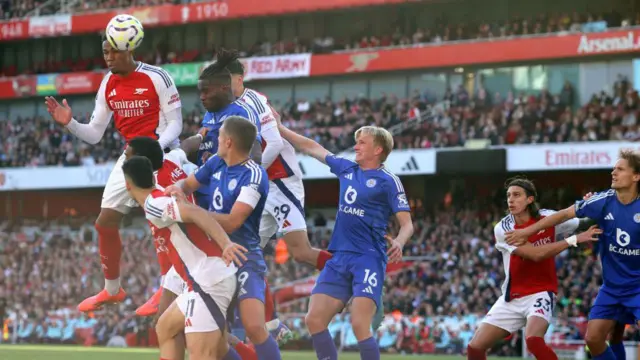 Gabriel of Arsenal gets his head to the ball at a corner kick during the Premier League match between Arsenal FC and Leicester City FC at Emirates Stadium