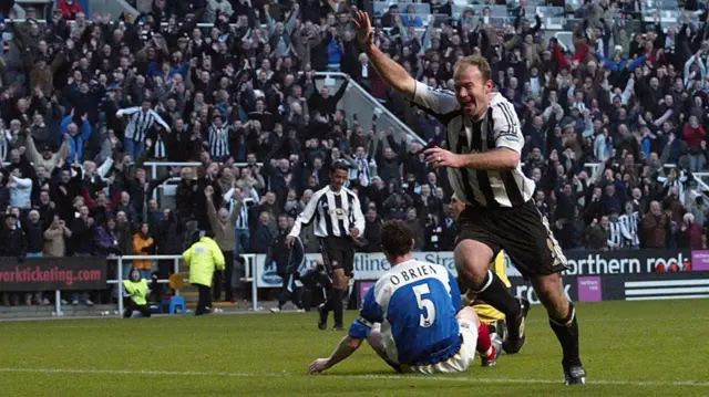 Alan Shearer celebrates becoming Newcastle's all-time leading goalscorer