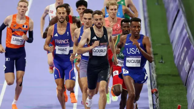 Neil Gourley of Team Great Britain and Yared Nuguse of Team United States compete during Men's 1500m Semi-Final on day nine of the Olympic Games Paris 2024 at Stade de France on August 04, 2024 in Paris, France.