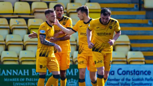 Livingston's Cristian Montano (centre left) celebrates scoring to make it 1-1 during a cinch Premiership match between Livingston and St Johnstone at the Tony Macaroni Arena, on May 11, 2024, in Livingston, Scotland. (Photo by Sammy Turner / SNS Group)