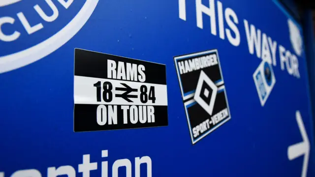 A Derby County sticker is seen outside Fratton Park