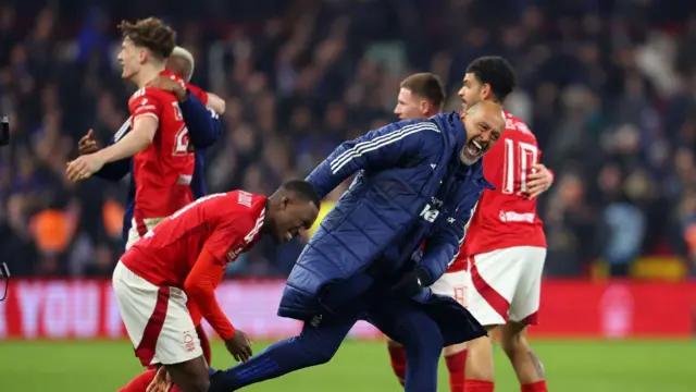 Former Nottingham Forest manager Nuno Espirito Santo celebrates with Callum Hudson-Odoi 