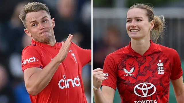 A split graphic of Sam Curran and Lauren Bell