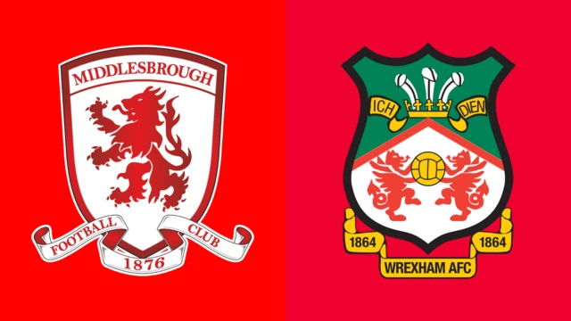 Side-by-side of Middlesbrough and Wrexham club badges