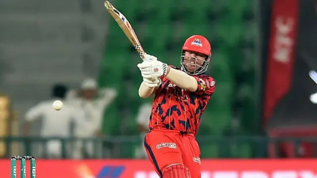 David Warner plays a shot during the Pakistan Super League (PSL) match between Karachi Kings and Lahore Qalandars