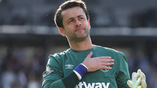 Lukasz Fabianski of West Ham United shows appreciation to the fans following his final appearance for the club 